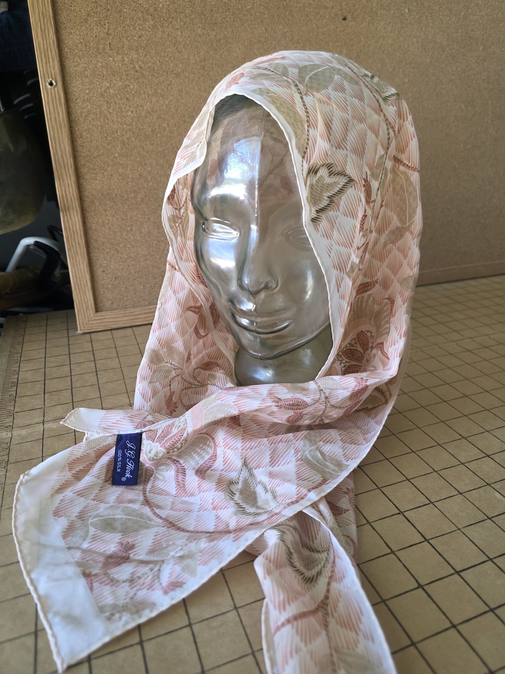 Vintage J.G. Hook 100% Silk Scarf Pink Floral Lattice Jacquard Oblong Wrap 11x51
